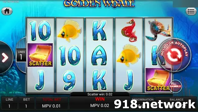 Golden Whale on Sky777 with treasure chest scatters, yellow fish, a seahorse and a turtle, 1 line and a scatter win of 0.02