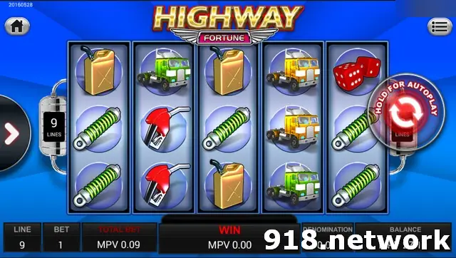 Highway Fortune on Sky777 with fuel cans, shock absorbers, trucks and a red dice symbol, 9 lines